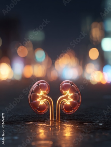 Two kidneys connected by tubes glow against a blurred city background at night.