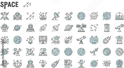 Fototapeta Naklejka Na Ścianę i Meble -  Collection of space themed editable line icons featuring astronauts planets and astronomical objects