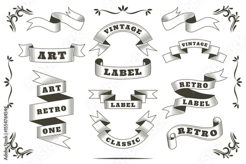 Vintage banner. Retro frame, curling scroll ribbon label, ornate scroll. Hand-drawn calligraphy design. Antique badge, curved emblem. Swirl flags with text, flattering tape. Vector classic garish set