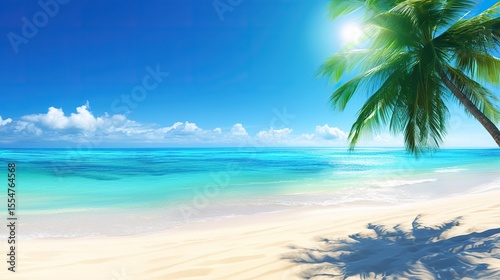 Tranquil beach scenery with clear turquoise waters, sand and palm trees swaying in the breeze under a clear blue sky. Perfect for summer vacation posters or travel ads.