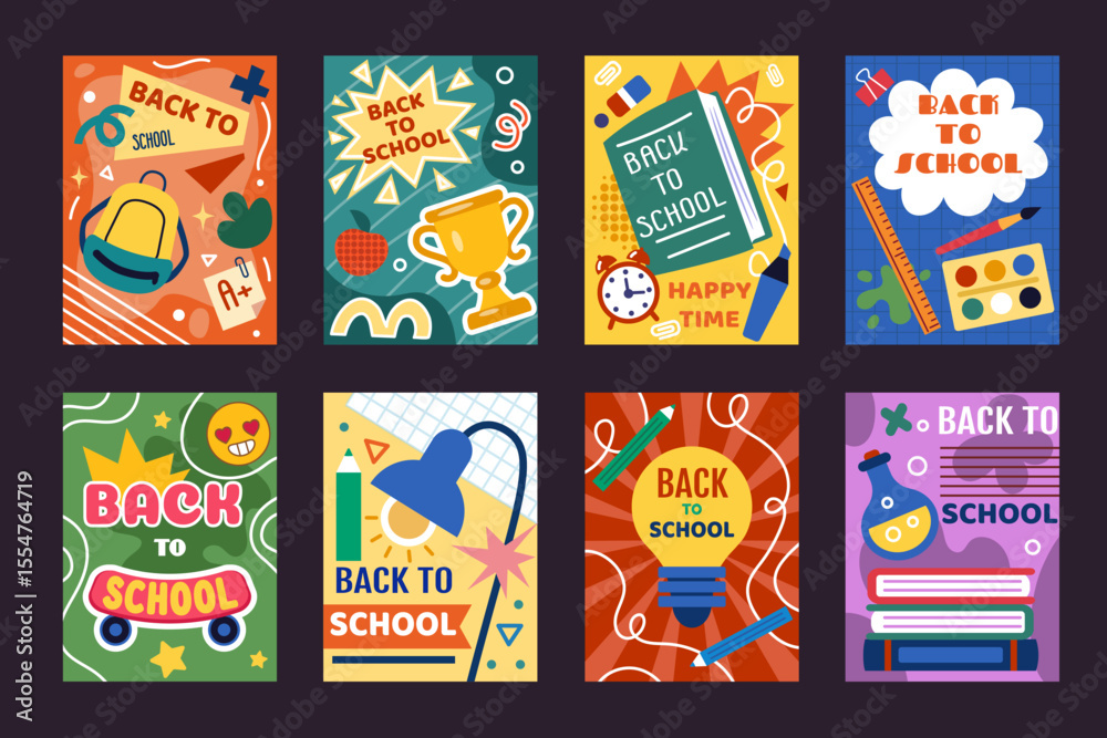 Fototapeta premium Back to school card. Cartoon kid book, classroom accessories. Collage background for children education. Study concept doodles. Study supplies, getting knowledge. Vector design tidy poster collection