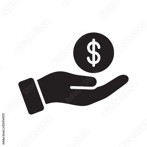 Hand holding dollar coin icon for investment donation payment salary or receiving money showing financial transaction and giving concept vector solid glyph icon
