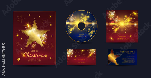 Fairy light. Christmas greeting card. Glow sparkle. Holiday background. Golden stars. Party flyer template. Club banner for header. Shiny bokeh effect. Mockup CD record. Vector design Xmas posters set