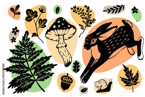 Autumn forest. Wild animal. Plant leaves. Hand drawn decorative natural design. Black silhouette hare. Mushrooms and oak acorns. Seasonal pattern of box product. Fern and berry. Vector elements set