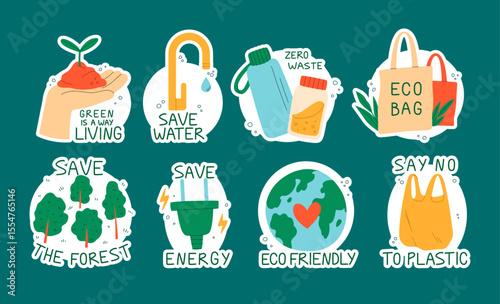 ECO sticker. Green living. Plant tree, conserve water. Ecology bags, forest preservation, energy efficiency. Earth care graphic symbols. Cartoon flat style isolated illustration. Vector icons set