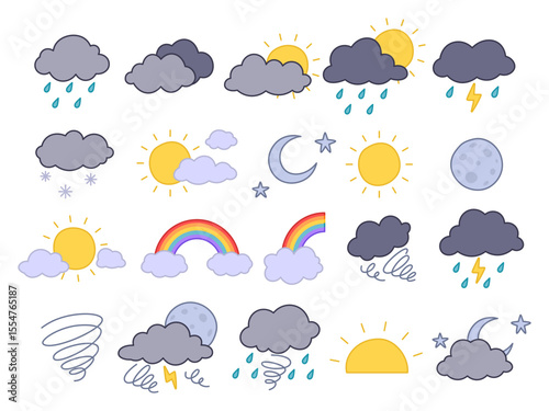 Weather icon. Climate forecast signs. Sunshine, rainbow, wind storm, cloud elements. Mon and wind. Thunderstorm sign. Meteorology design. Seasonal climate data sign. Vector cartoon style isolated set
