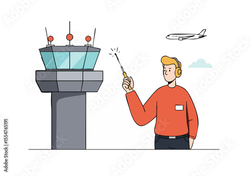 An airport controller directs a plane with a handheld device. Modern illustration style, showcasing aviation and control. Clear, professional composition.
