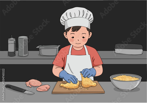 A young boy chef prepares chicken tenders in a kitchen. He wears an apron and gloves, focused on his work. Warm lighting and a clean workspace create a professional feel.