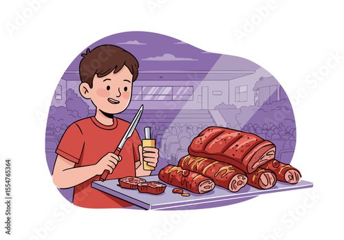 boy presents a large roast with a knife enjoying a drink Dramatic lighting and a blurred audience create a captivating scene Suitable for food celebration or entertainment themes