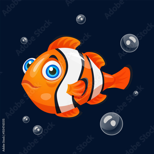 Cartoon fish. Underwater animal. Clown swimming in water. Undersea wildlife. Saltwater coral inhabitant. Ocean aquatic fauna. Aquarium goldfish. Clownfish swim with bubble. Vector marine character