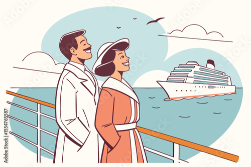 Smiling couple enjoying cruise ship vacation in vintage retro illustration