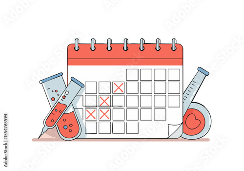 Illustration depicting fertility testing dates marked on a calendar with test tubes and a heart icon. Clean, modern style for medical or health-related visuals.