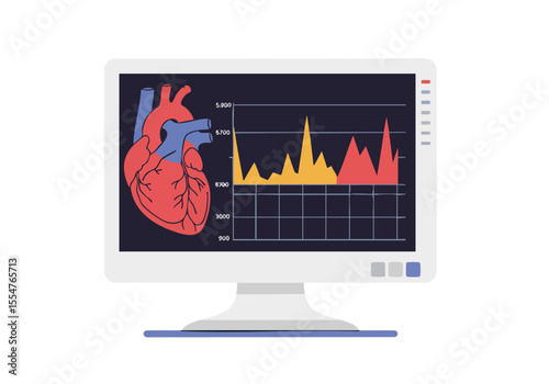 A modern computer screen displays a heart rate chart alongside a stylized heart graphic. The design conveys heart health risk. Clean, professional, and visually informative.