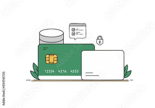 Modern illustration depicting credit card security with offer protection Clean lines green background and digital icons 