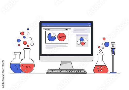 modern computer displays scientific data visualizations alongside beakers and lab equipment A vibrant creative design evokes innovation and research Perfect for tech science or education visuals