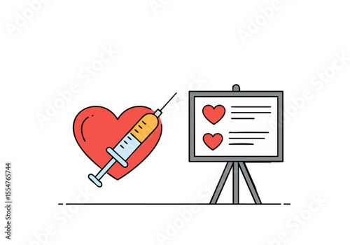 modern illustration depicts a heart with a syringe and a clipboard displaying heart rate data It conveys concern and healthcare Clean flat design suitable for medical or wellness themes