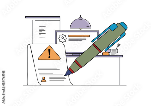 modern illustration depicts a pen marking a warning update on a document near a laptop and office supplies Clean lines and a purple background create a professional and informative design