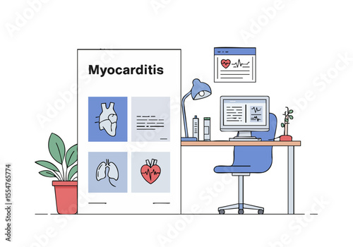 modern infographic illustrates Myocarditis monitoring It features a heart monitor laptop and medical icons set against a clean pink background Ideal for health & wellness visuals