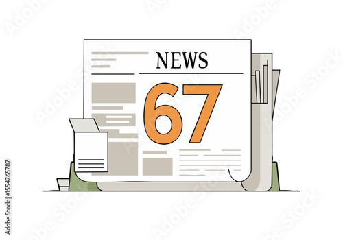 Announce age shift news graphic featuring a large number 67 over a newspaper illustration. Modern, flat design with a clean layout. Ideal for announcements and milestones.