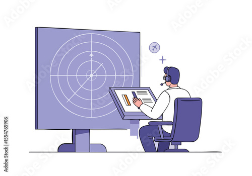 professional monitors flight data on a large screen utilizing a headset Modern clean design with a focus on aviation technology and workflow  Ideal for business and technology concepts