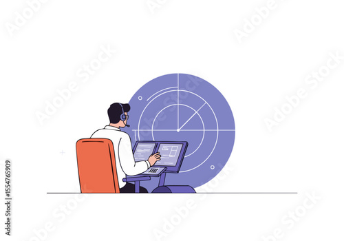 A professional man monitors a radar screen, focused and alert. Modern control room setting with a circular display. Clean, graphic style.