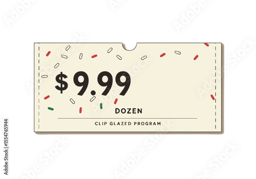 A stylized coupon graphic featuring a $9.99 price and 'Dozen' offer. It?s designed with a clip-glued aesthetic and festive confetti. Clean, modern, and commercially appealing.