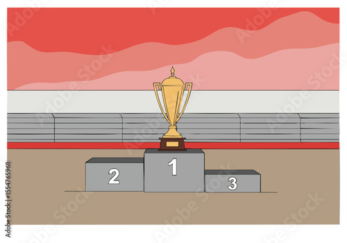A Russell Trophy stands on a podium, symbolizing victory. A Canadian flag backdrop adds patriotic flair. Clean, modern illustration for commercial use.