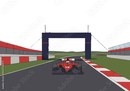 racing car speeds towards a grandstand entrance at a Formula 1 circuit Bold red and white colors dominate the scene creating a dynamic and visually striking image perfect for motorsport marketing
