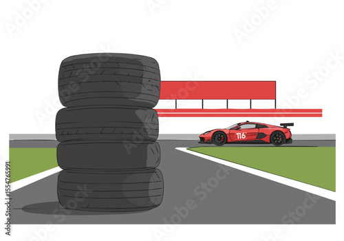 A sleek racing car sits beside a stack of tires on a racetrack. Bold colors and clean lines create a dynamic, modern image perfect for motorsport or automotive themes.