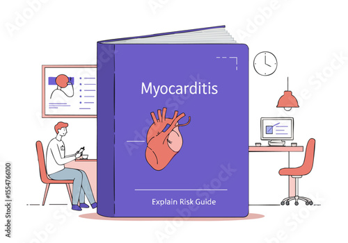 stylized illustration depicts a risk guide for myocarditis A doctor sits reviewing a large book with a heart graphic showcasing a modern informative design Clean lines and a professional setting