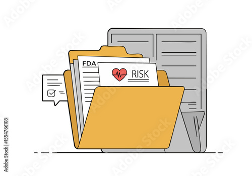 stylized illustration depicts stacked files with a heart-shaped risk symbol It highlights FDA review and risk assessment Clean modern design for business and healthcare visuals