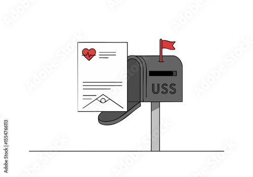 stylized mail delivery illustration featuring a heart risk update A mailbox with 'USS' and a letter symbolizes health alerts Modern flat design with a blue background