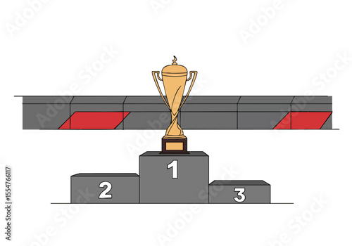 stylized illustration depicts the Raise Russell Trophy atop a podium celebrating the 1999 Canadian Grand Prix Bold colors and a clean design create a visually appealing motorsport scene
