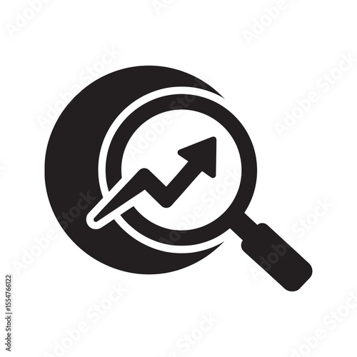 Growth analysis icon with magnifying glass over a rising arrow graph for business performance tracking and financial trend research vector solid glyph icon