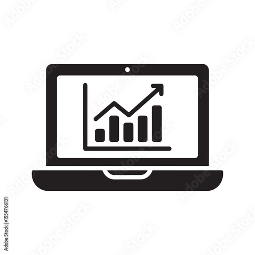 Online data analytics on laptop screen with growth bar chart for business intelligence dashboard and digital marketing performance tracking vector solid glyph icon