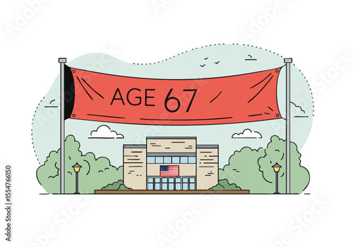 A vibrant banner celebrates 67 years! A building backdrop with an American flag and a red banner displaying 'Age 67'. Modern, graphic style. Suitable for various commercial uses.