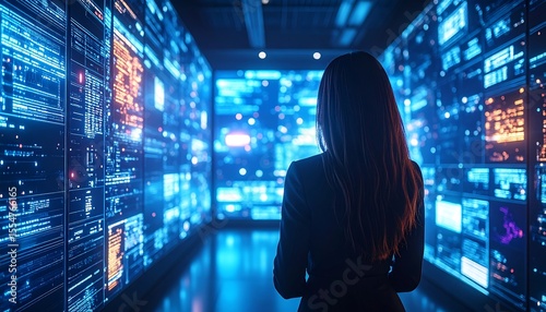 Wallpaper Mural Woman in Data Center Watching Digital World  Cybersecurity with AI, and Technology. Torontodigital.ca