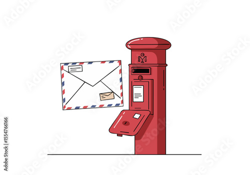 A vibrant illustration depicts a classic red postbox with an envelope awaiting delivery. Clean lines and a modern style create a visually appealing and nostalgic scene.