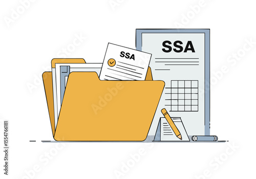 vibrant illustration showcases a file folder containing retirement plan documents with the -SSA- logo It-s a clean modern design perfect for financial or retirement planning visuals