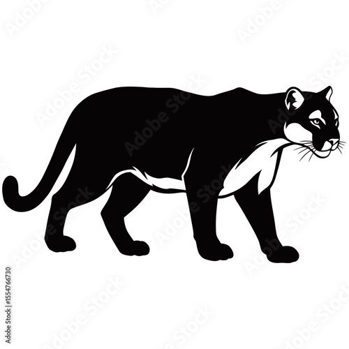 Panther silhouette on the move, A striking silhouette of a panther strides confidently, its sleek black form and alert gaze capturing the essence of the wild cat's power and grace.
