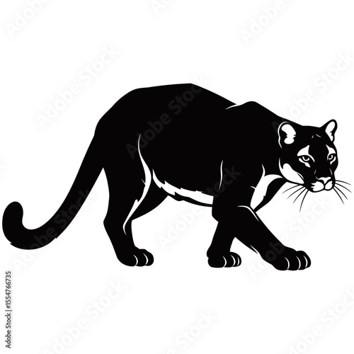 Elegant Cougar Silhouette A striking black silhouette of a cougar in a graceful walking pose, embodying strength and stealth. The image captures the essence of this magnificent animal.