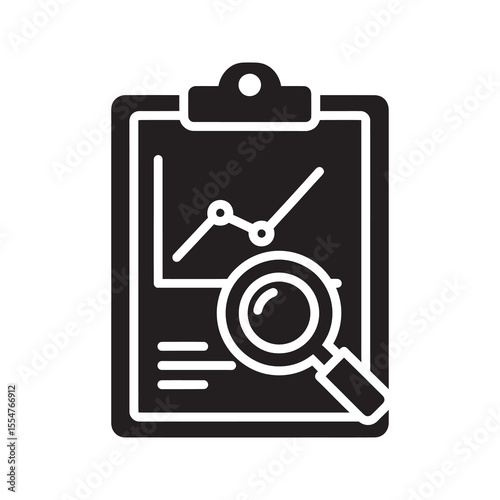 Business analysis report on clipboard with magnifying glass and line graph for auditing financial data and performance review documentation vector solid glyph icon