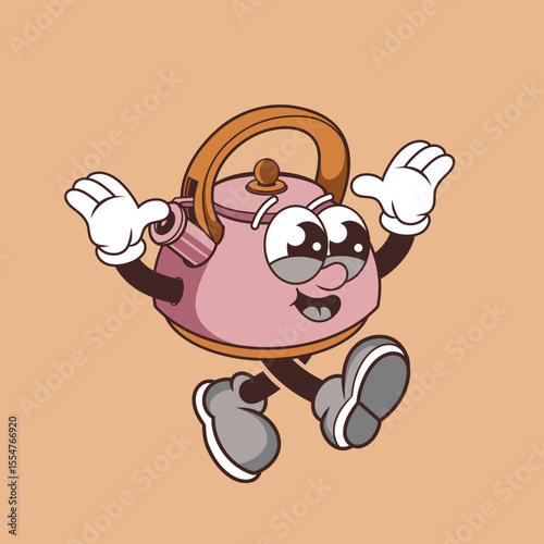 Retro character design of cheerful kettle