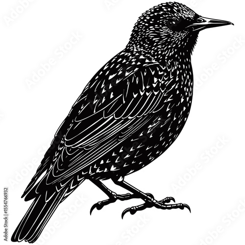 Starling Illustration, A detailed monochrome illustration of a starling perched gracefully. The elegant art style emphasizes its unique characteristics