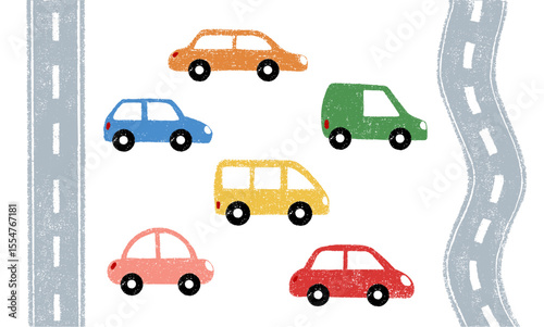 Set of different cars and roads kid drawing chalk pastel crayon or pencil texture. Children hand drawn vector illustration design elements.
