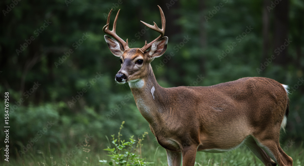 Majestic Buck with Velvet Antlers Standing Alert in Nature. Majestic Buck with Velvet Antlers Standing Alert in Nature.