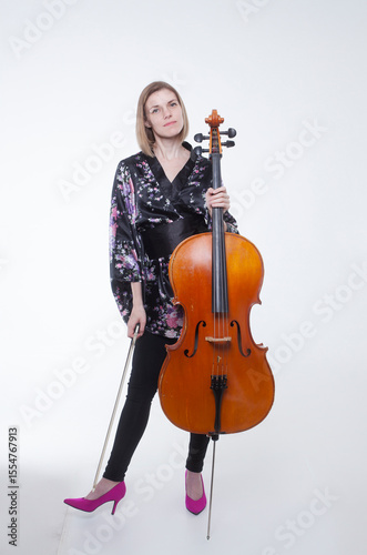 Woman with Cello, Holding Bow, White Background