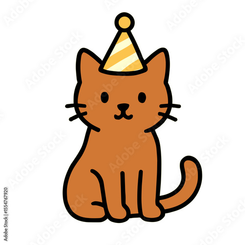 A charming cartoon cat, donning a festive party hat, exudes an irresistible air of celebratory cheer and playful anticipation, perfect for any joyful occasion. vector illustration