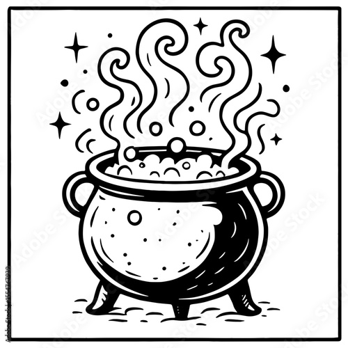 An intriguing black and white illustration depicts a witch's cauldron, bubbling mysteriously and surrounded by sparkling stars. vector illustration halloween coloring page