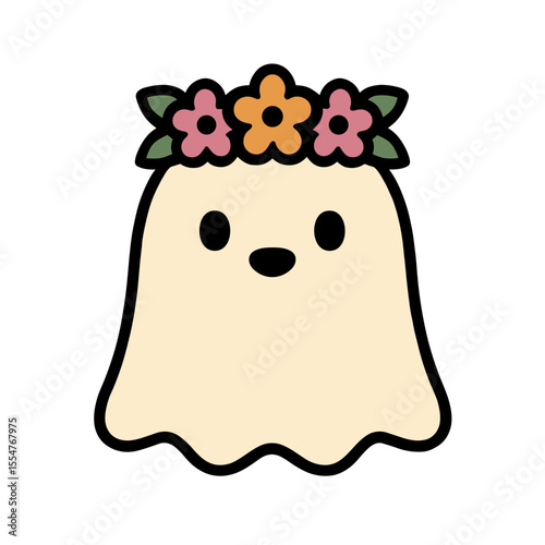 A charming cartoon ghost adorned with a flower crown, embodying innocence and playful spookiness, ideal for evoking delight and seasonal cheer. vector illustration